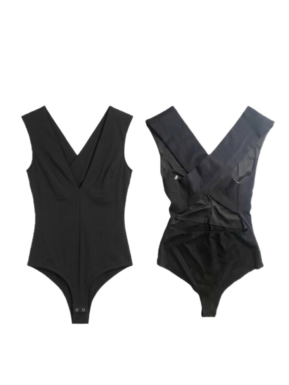 Fashion Nova Black V Neck Bodysuit with Wide Crossover Back Straps